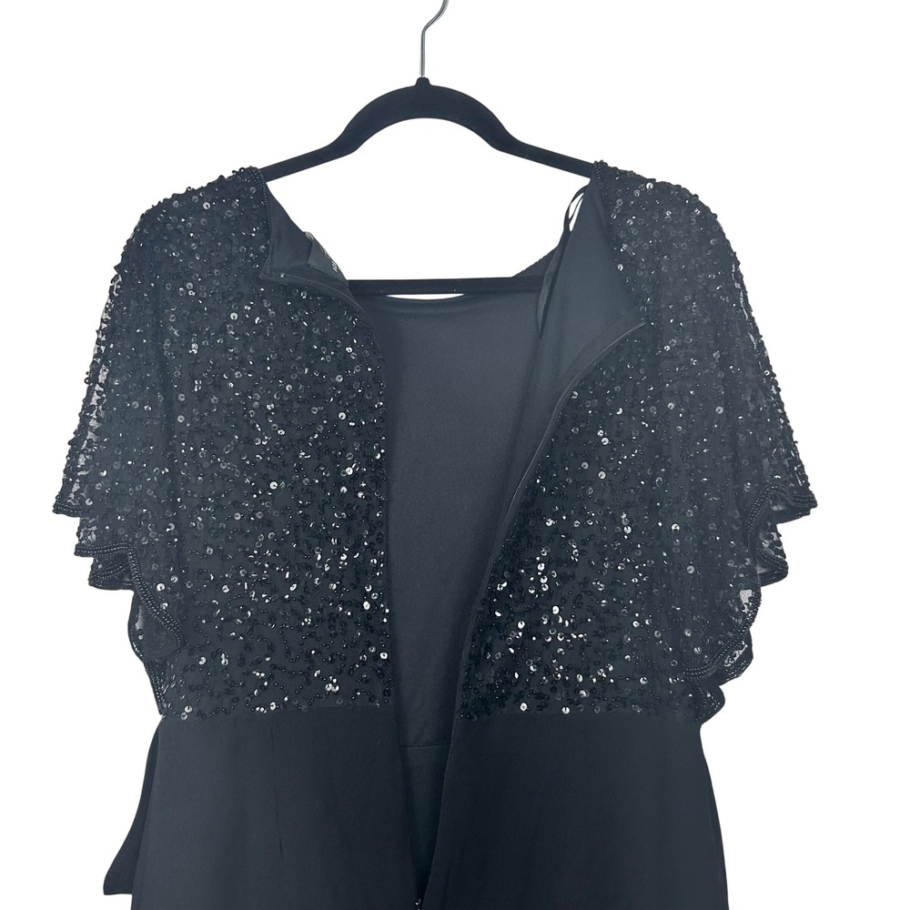 Adrianna Papell Sequin Sheath Dress Womens 14 Black Flutter Sleeve Ruffle Formal - Picture 10 of 10